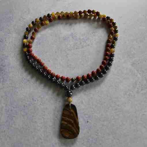 Hämatit-Jaspis (rot) -Tigeraugen-Mala (1) mit Tigereisen-Anhänger in Freiform – Bild 3