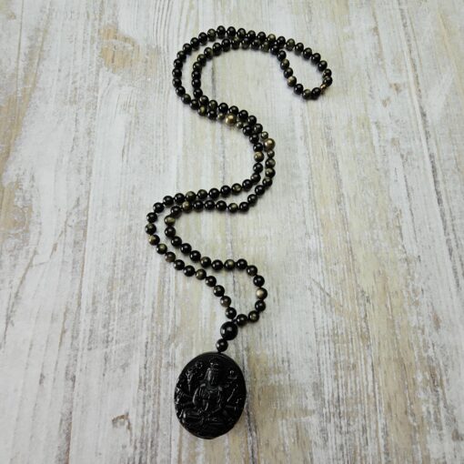 Obsidian („Goldobsidian“) -Pyrit-Mala (2) mit Obsidian-Anhänger – Bild 4