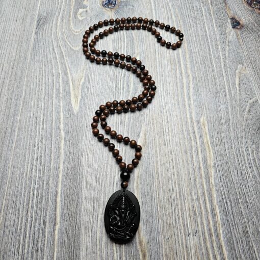 Obsidian („Mahagoni-Obsidian“) -Mala (3) mit Obsidian-Anhänger (Ganesha) – Bild 4