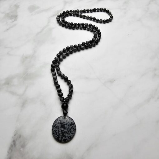 Obsidian („Schneeflocken-Obsidian“) -Mala (1) mit „Schneeflocken-  Obsidian“-Anhänger – Bild 4