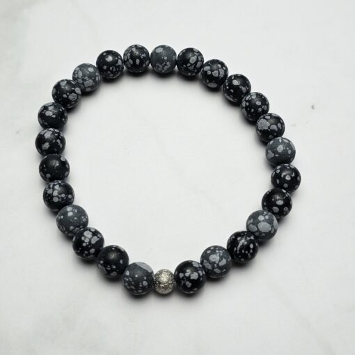 Obsidian („Schneeflocken-Obsidian“) -Mala, matt, mit Seidenquaste und Armband – Bild 4
