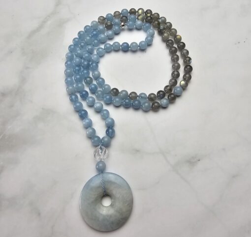Aquamarin-Labradorit-Mala mit Aquamarin-Donut