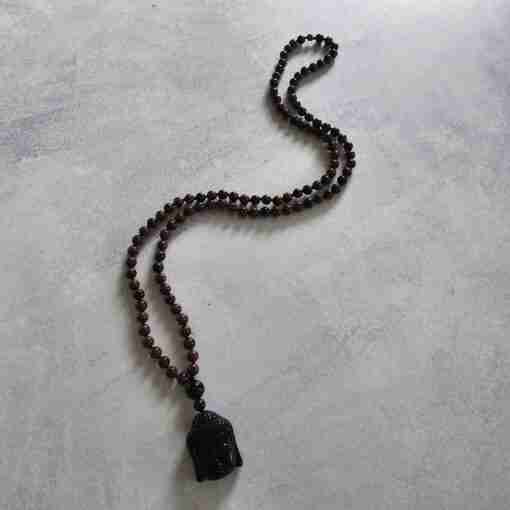 Obsidian („Mahagoni-Obsidian“) -Mala mit Obsidian-Anhänger (Buddha-Kopf) – Bild 4