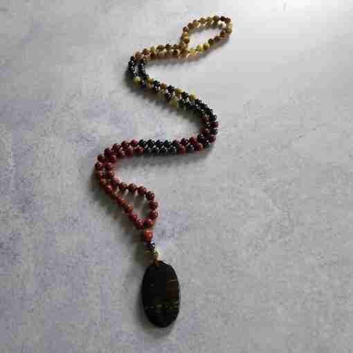 Hämatit-Jaspis (rot) -Tigeraugen-Mala (2) mit ovalem Tigereisen-Anhänger – Bild 4