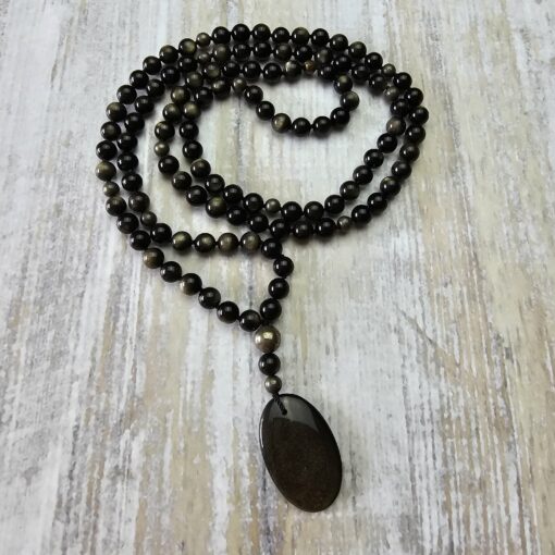 Obsidian („Goldobsidian“) -Pyrit-Mala (1) mit „Goldobsidian“-Anhänger und Armband – Bild 5