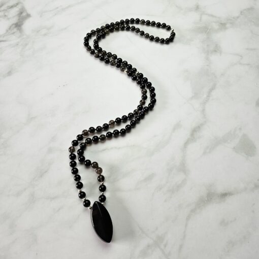 Obsidian („Lamellenobsidian“) -Mala, mit „Lamellenobsidian“-Navette und Armband – Bild 5