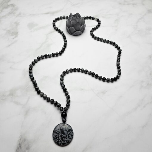 Obsidian („Schneeflocken-Obsidian“) -Mala (1) mit „Schneeflocken-  Obsidian“-Anhänger – Bild 5