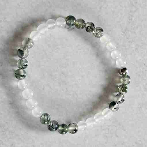 Moosachat-Bergkristall (facettiert) -Mala (1) mit Moosachat-Anhänger (Tropfen) und Armband – Bild 4