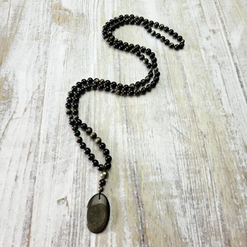 Obsidian („Goldobsidian“) -Pyrit-Mala (1) mit „Goldobsidian“-Anhänger und Armband – Bild 6