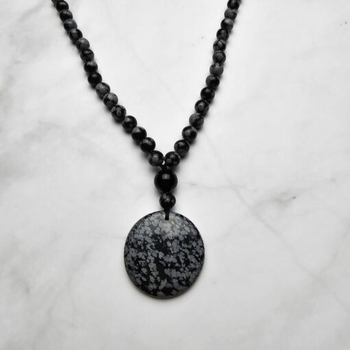 Obsidian („Schneeflocken-Obsidian“) -Mala (1) mit „Schneeflocken-  Obsidian“-Anhänger – Bild 6