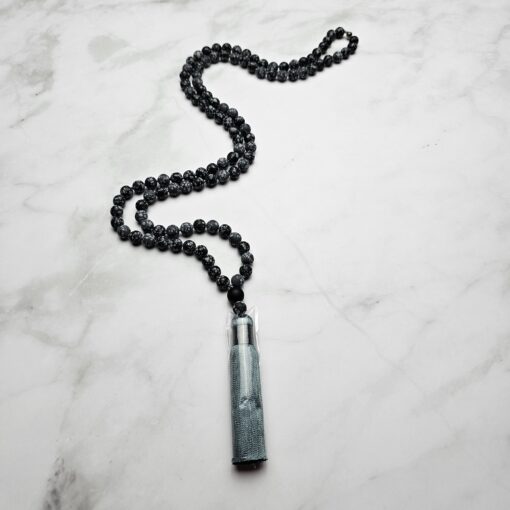 Obsidian („Schneeflocken-Obsidian“) -Mala, matt, mit Seidenquaste und Armband – Bild 6