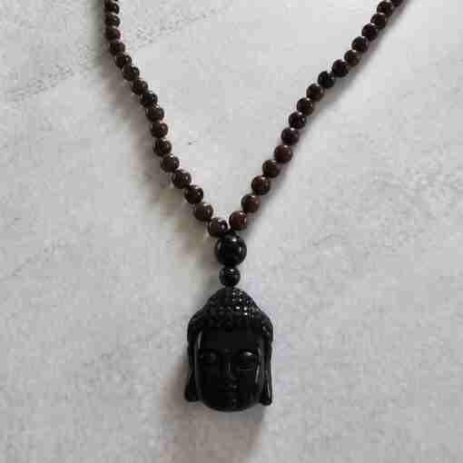 Obsidian („Mahagoni-Obsidian“) -Mala mit Obsidian-Anhänger (Buddha-Kopf) – Bild 6
