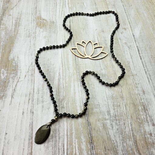 Obsidian („Goldobsidian“) -Pyrit-Mala (1) mit „Goldobsidian“-Anhänger und Armband – Bild 7