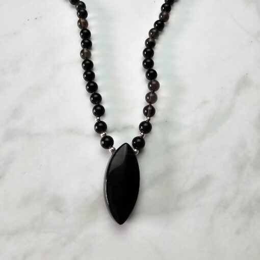 Obsidian („Lamellenobsidian“) -Mala, mit „Lamellenobsidian“-Navette und Armband – Bild 7