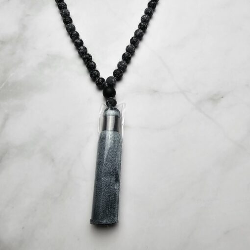 Obsidian („Schneeflocken-Obsidian“) -Mala, matt, mit Seidenquaste und Armband – Bild 8