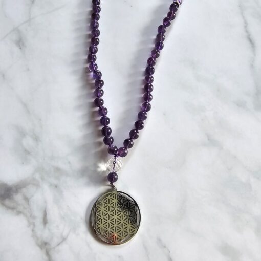 Amethyst-Mala, dunkel sowie etwas heller und facettiert, mit Edelstahlanhänger und Armband – Bild 8