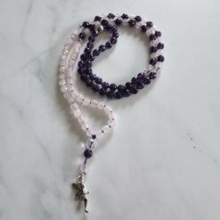 Amethyst (dunkel) -Rosenquarz-Bergkristall-Mala, facettiert, mit Anhänger aus 925 Sterlingsilber