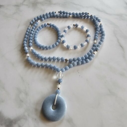 Angelit-Achat (weiß) -Mala mit Angelit-Donut und 2 Armbändern