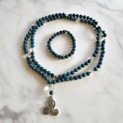 Apatit (blau-grün) -Bergkristall-Mala mit Edelstahlanhänger und Armband