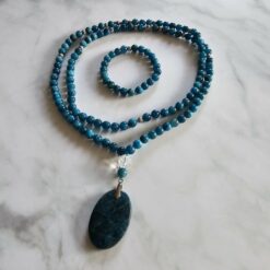 Apatit-Mala, blau (3), mit großem, blauem Apatit-Anhänger und Armband