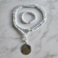 Calcit-Mala, hellblau und weiß, mit Edelstahlanhänger