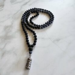 Korallen (blau) -Lava-Mala (1) mit Edelstahlanhänger (Säule mit „om mani padme hum“)