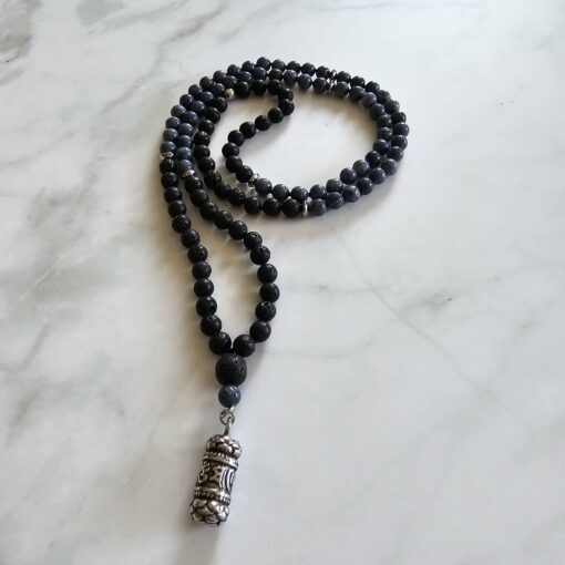 Korallen (blau) -Lava-Mala (1) mit Edelstahlanhänger (Säule mit „om mani padme hum“)