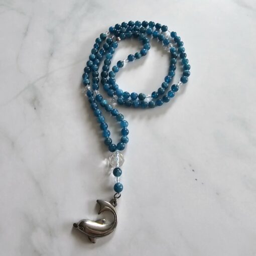 Apatit (blau) -Bergkristall (facettiert) -Mala mit Edelstahlanhänger