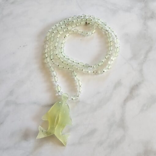 Serpentin („China Jade“) -Bergkristall-Mala mit Serpentin-Anhänger