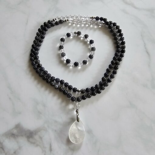 Iolith (Cordierit) -Bergkristall-Mala mit Bergkristall-Anhänger und Armband