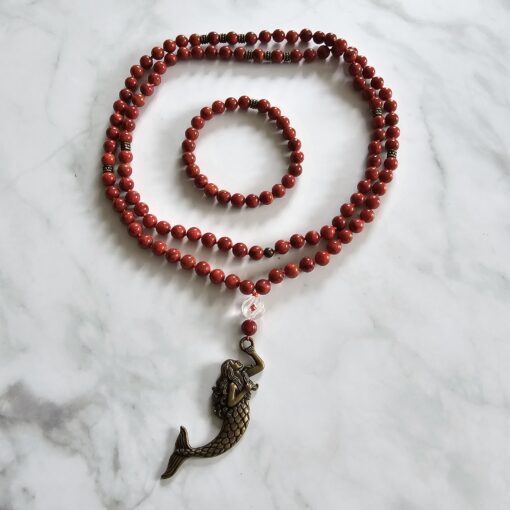 Korallen (rote Schaumkoralle) -Mala mit bronzefarbenem Anhänger und Armband