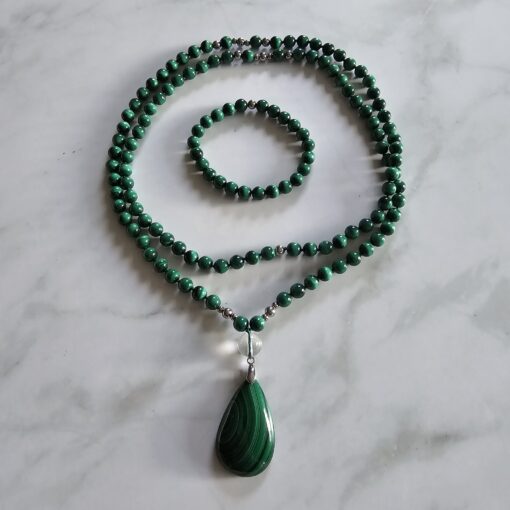 Malachit-Mala (1) mit Malachit-Tropfen und Armband
