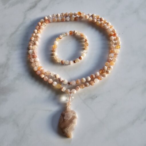 Achat ("Kirschblütenachat") -Mala (2) mit "Kirschblütenachat"-Blatt und Armband