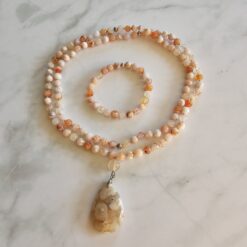 Achat („Kirschblütenachat“) -Mala (3) mit „Kirschblütenachat“-Tropfen und Armband
