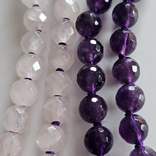 Amethyst (dunkel) -Rosenquarz-Bergkristall-Mala, facettiert, mit Anhänger aus 925 Sterlingsilber – Bild 2
