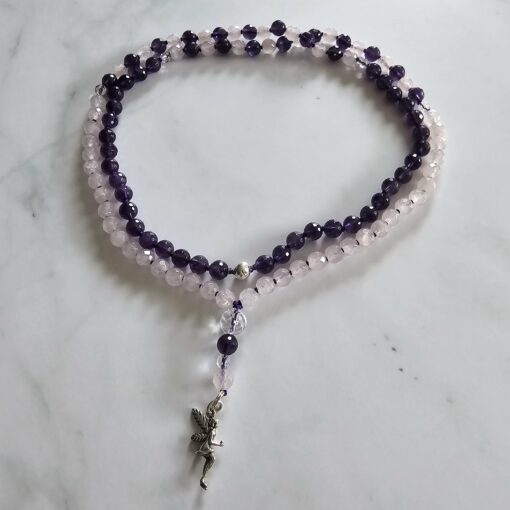 Amethyst (dunkel) -Rosenquarz-Bergkristall-Mala, facettiert, mit Anhänger aus 925 Sterlingsilber – Bild 3