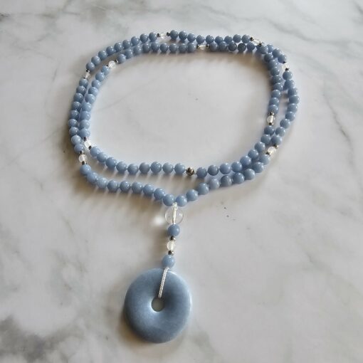 Angelit-Achat (weiß) -Mala mit Angelit-Donut und 2 Armbändern – Bild 3