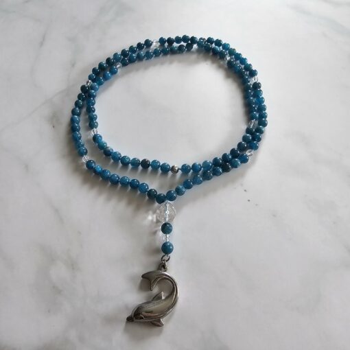 Apatit (blau) -Bergkristall (facettiert) -Mala mit Edelstahlanhänger – Bild 3