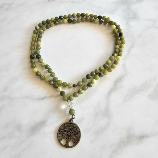 Serpentin-Mala, „Chinesischer Lizardit“ aus Xinjiang, China, mit bronzefarbenem Anhänger und Armband – Bild 3