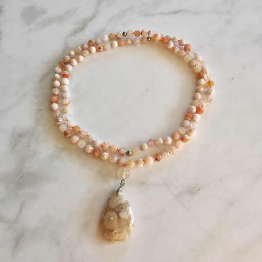 Achat („Kirschblütenachat“) -Mala (3) mit „Kirschblütenachat“-Tropfen und Armband – Bild 3