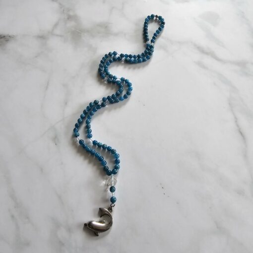 Apatit (blau) -Bergkristall (facettiert) -Mala mit Edelstahlanhänger – Bild 4