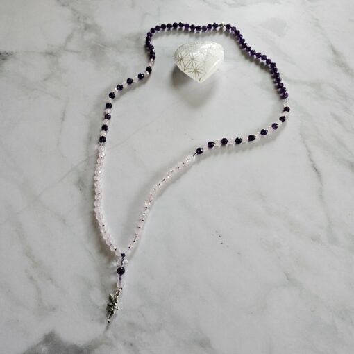 Amethyst (dunkel) -Rosenquarz-Bergkristall-Mala, facettiert, mit Anhänger aus 925 Sterlingsilber – Bild 5