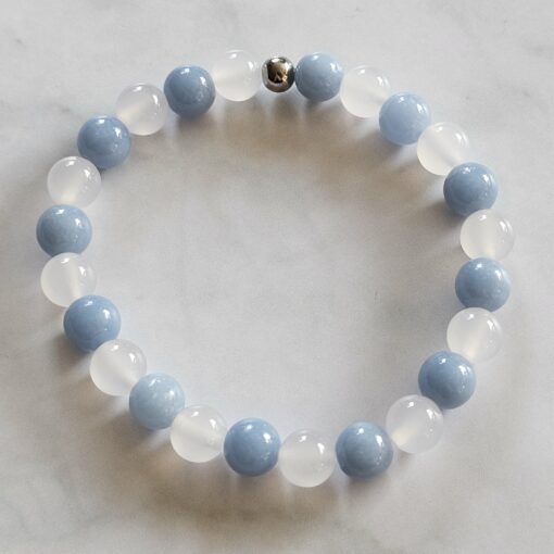 Angelit-Achat (weiß) -Mala mit Angelit-Donut und 2 Armbändern – Bild 5