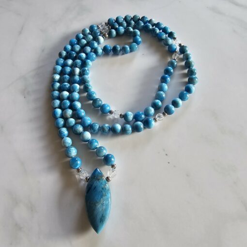 Apatit (hellblau) -Bergkristall-Mala mit hellblauer Apatit-Navette und Armband  – Bild 5