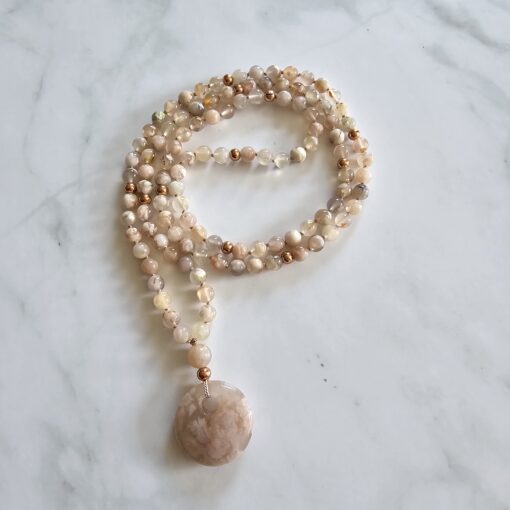Achat („Kirschblütenachat“) -Mala (6) mit „Kirschblütenachat“-Donut und Armband – Bild 5