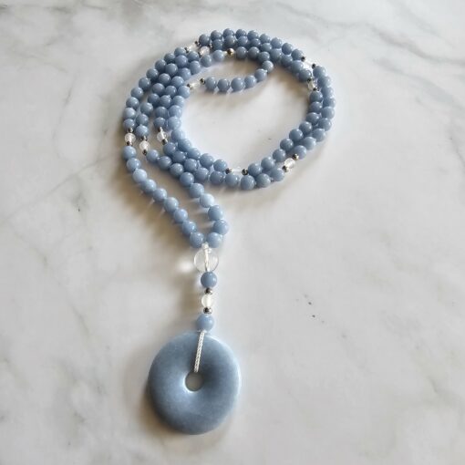 Angelit-Achat (weiß) -Mala mit Angelit-Donut und 2 Armbändern – Bild 6