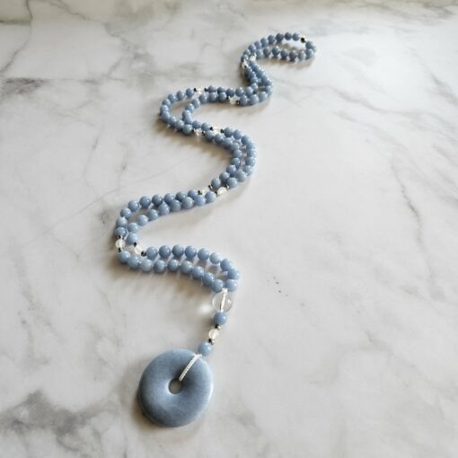 Angelit-Achat (weiß) -Mala mit Angelit-Donut und 2 Armbändern – Bild 7