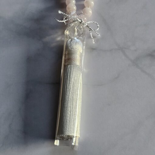 Rosenquarz-Bergkristall (Rosenperlen) -Mala mit Seidenquaste und Armband – Bild 9