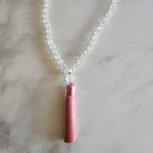 Bergkristall-Lotusperlen-Mala (2) mit Seidenquaste und Armband – Bild 9