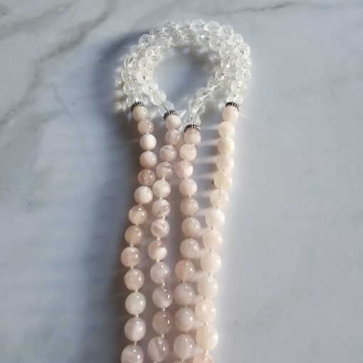 Rosenquarz-Bergkristall (Rosenperlen) -Mala mit Seidenquaste und Armband – Bild 13